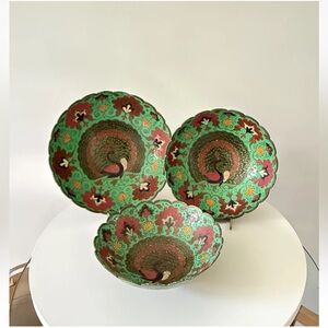 Set Of 3 Brass Peacock Bowl Cloisonné Enamel with Scalloped Edge Made In India